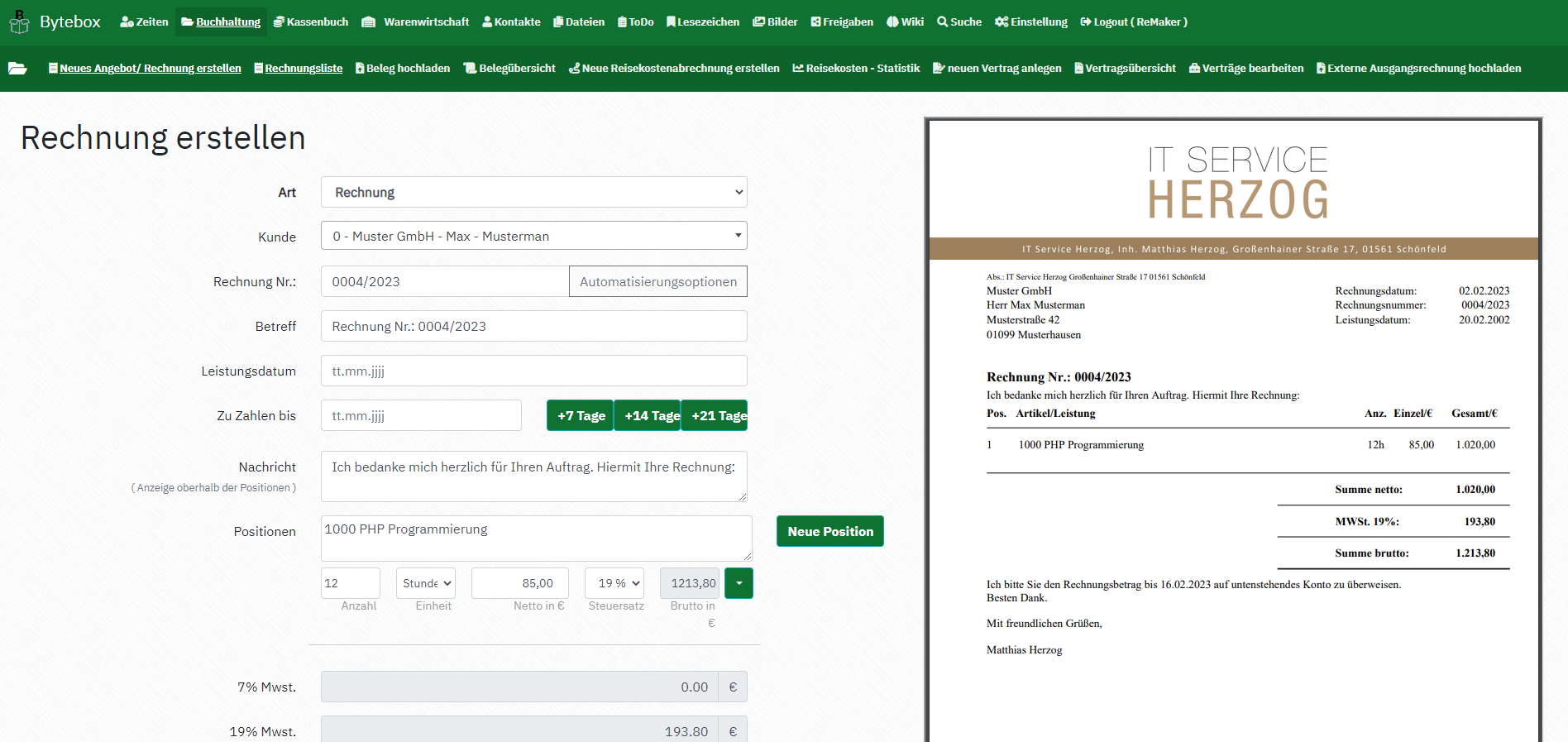 Bytebox Rechnungsmodul Interface